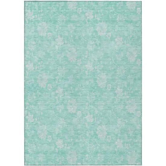 Aqua And Ivory Floral Washable Indoor Outdoor Area Rug Photo 2