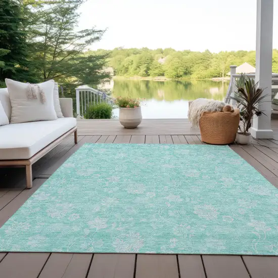 Aqua And Ivory Floral Washable Indoor Outdoor Area Rug Photo 9