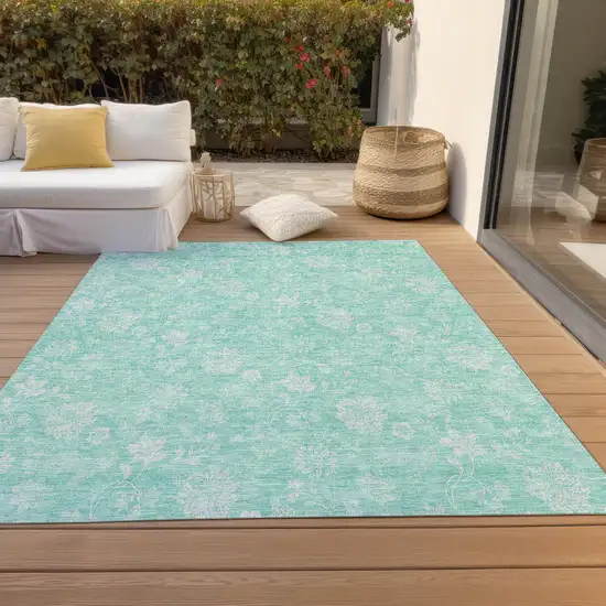 Aqua And Ivory Floral Washable Indoor Outdoor Area Rug Photo 7