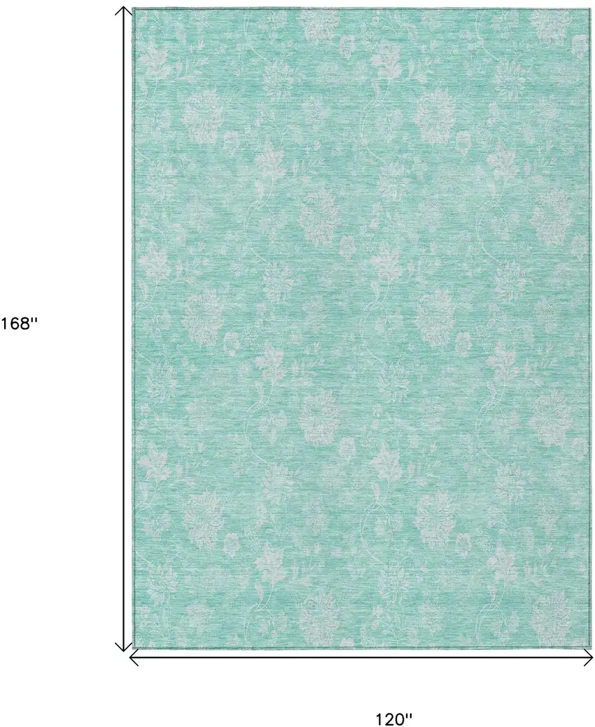 Aqua And Ivory Floral Washable Indoor Outdoor Area Rug Photo 3