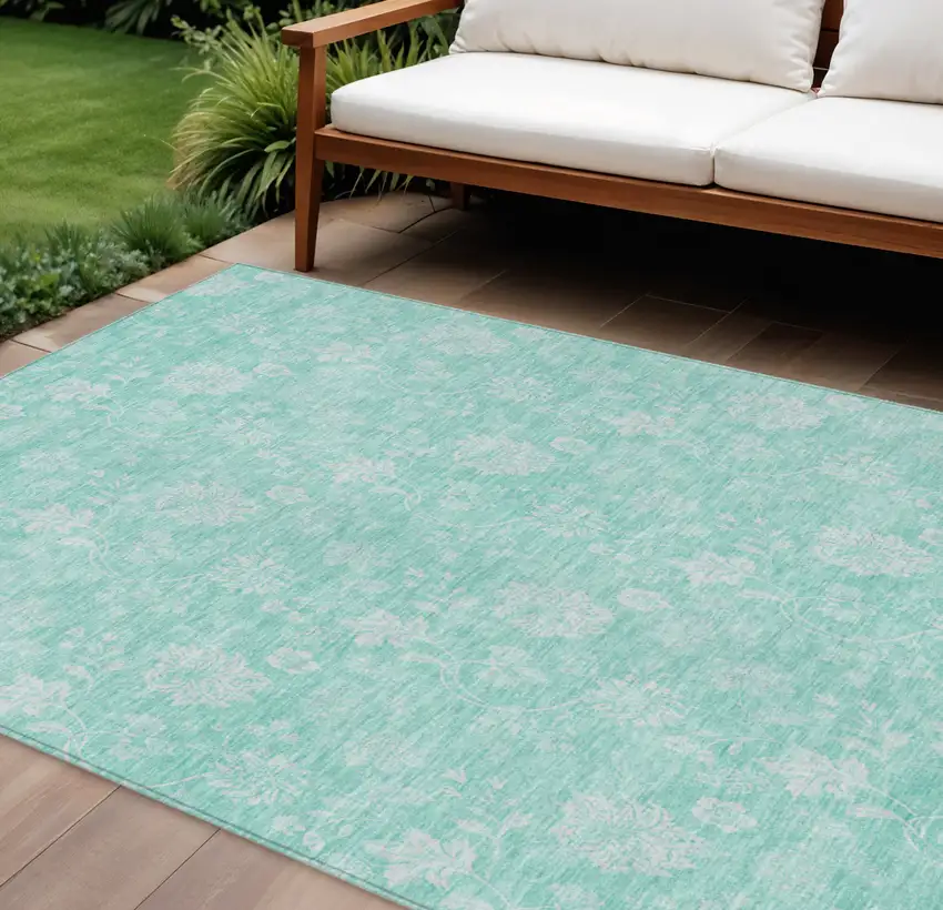 Aqua And Ivory Floral Washable Indoor Outdoor Area Rug Photo 1