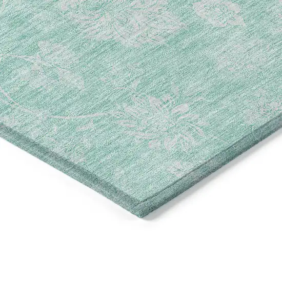Aqua And Ivory Floral Washable Indoor Outdoor Area Rug Photo 4