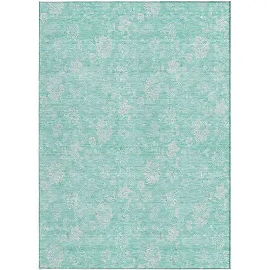 Aqua And Ivory Floral Washable Indoor Outdoor Area Rug Photo 6