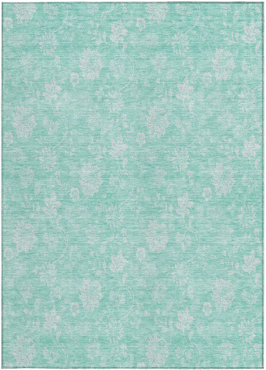 Aqua And Ivory Floral Washable Indoor Outdoor Area Rug Photo 6