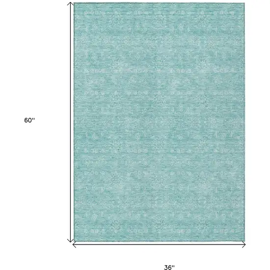 Aqua And Ivory Floral Washable Indoor Outdoor Area Rug Photo 9