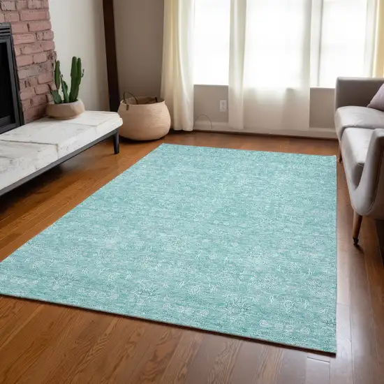 Aqua And Ivory Floral Washable Indoor Outdoor Area Rug Photo 7