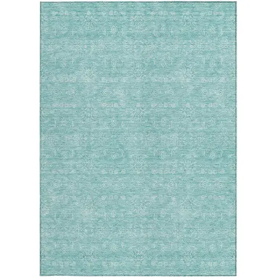Aqua And Ivory Floral Washable Indoor Outdoor Area Rug Photo 4