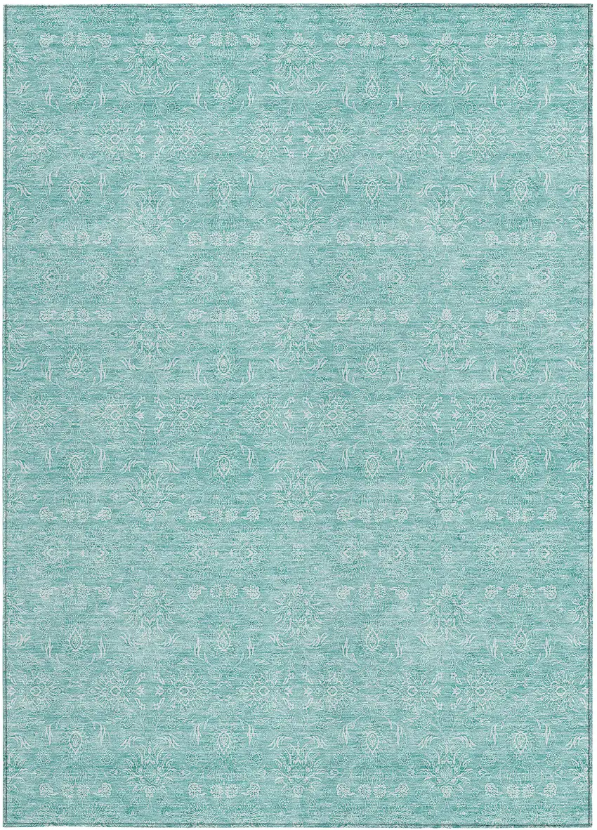 Aqua And Ivory Floral Washable Indoor Outdoor Area Rug Photo 4