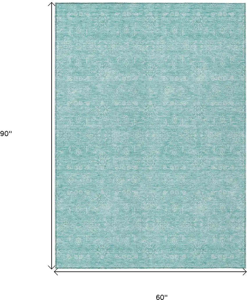 Aqua And Ivory Floral Washable Indoor Outdoor Area Rug Photo 9