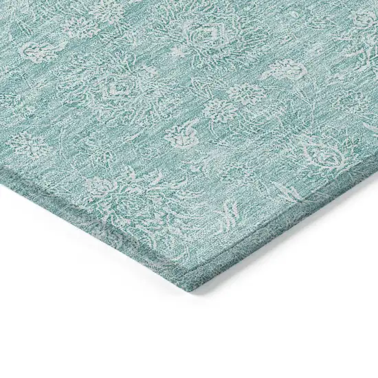 Aqua And Ivory Floral Washable Indoor Outdoor Area Rug Photo 2