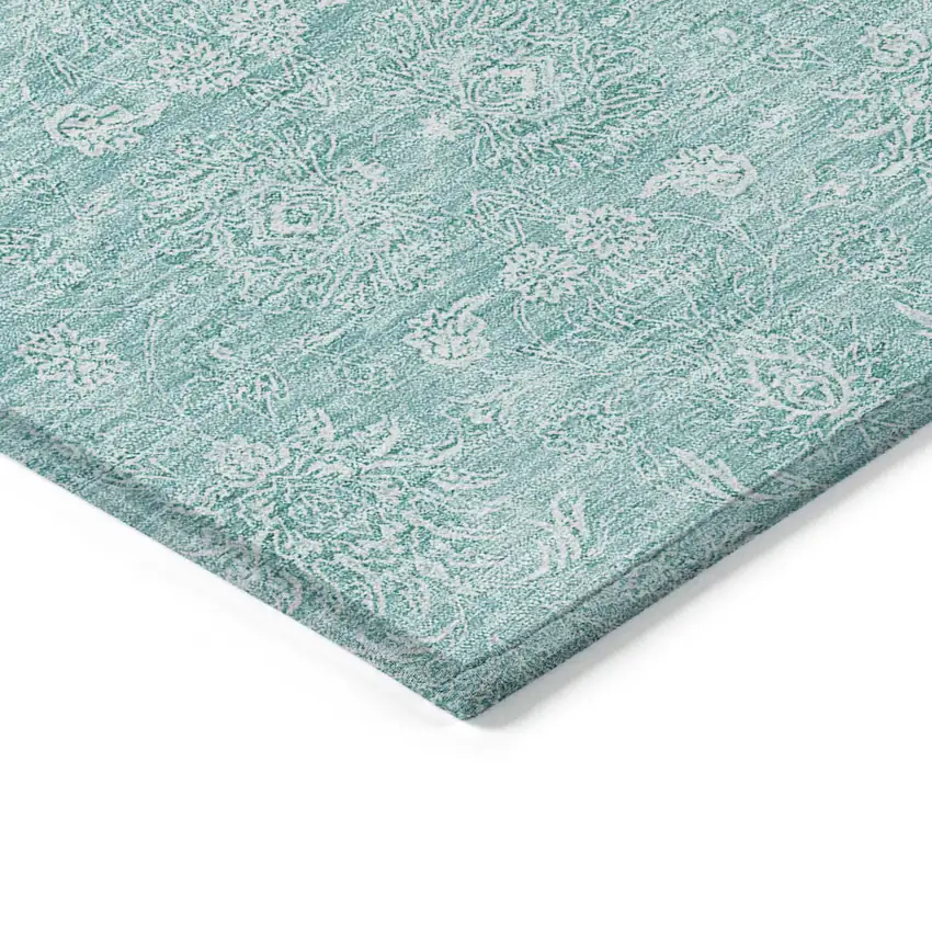 Aqua And Ivory Floral Washable Indoor Outdoor Area Rug Photo 2