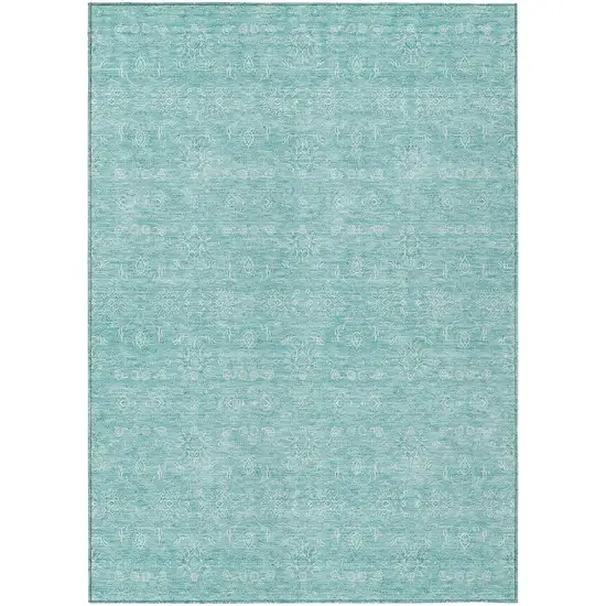 Aqua And Ivory Floral Washable Indoor Outdoor Area Rug Photo 1