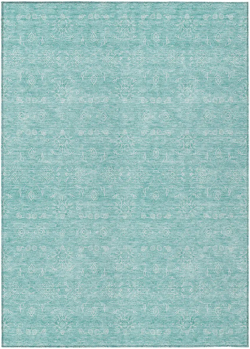 Aqua And Ivory Floral Washable Indoor Outdoor Area Rug Photo 1