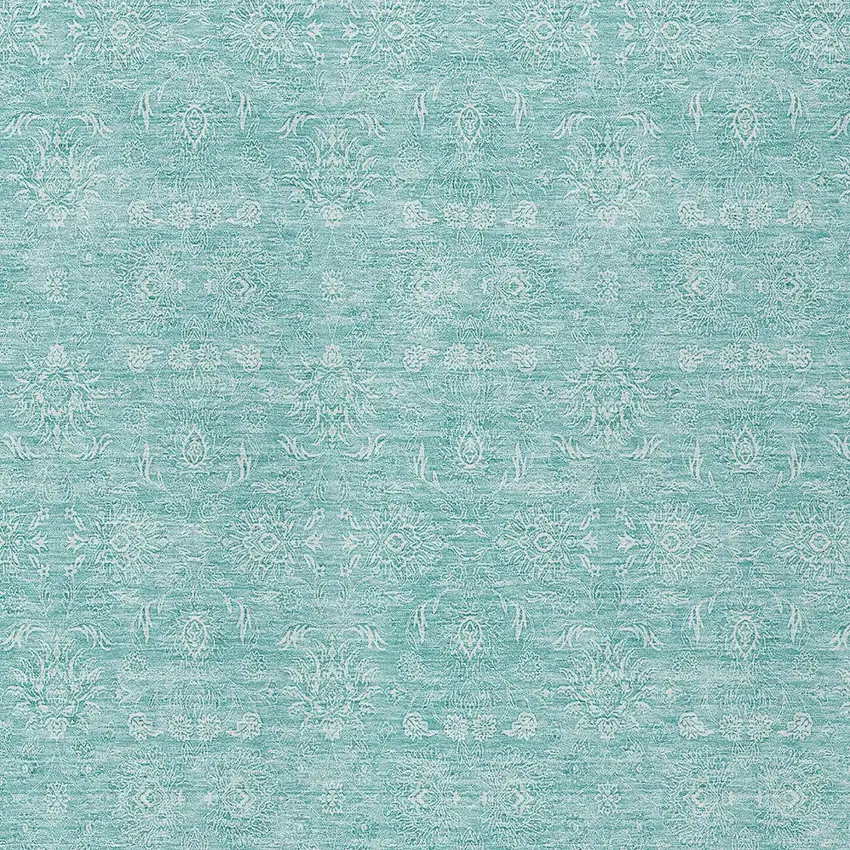 Aqua And Ivory Floral Washable Indoor Outdoor Area Rug Photo 3