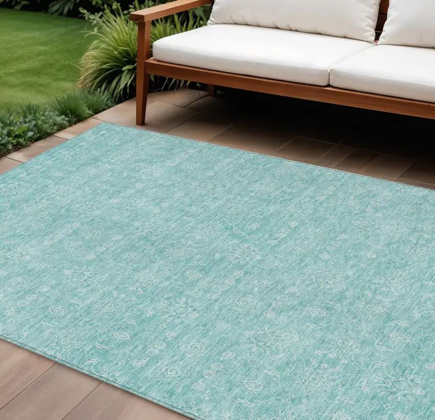 Aqua And Ivory Floral Washable Indoor Outdoor Area Rug Photo 1