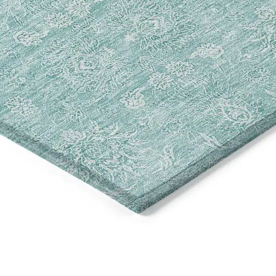 Aqua And Ivory Floral Washable Indoor Outdoor Area Rug Photo 2
