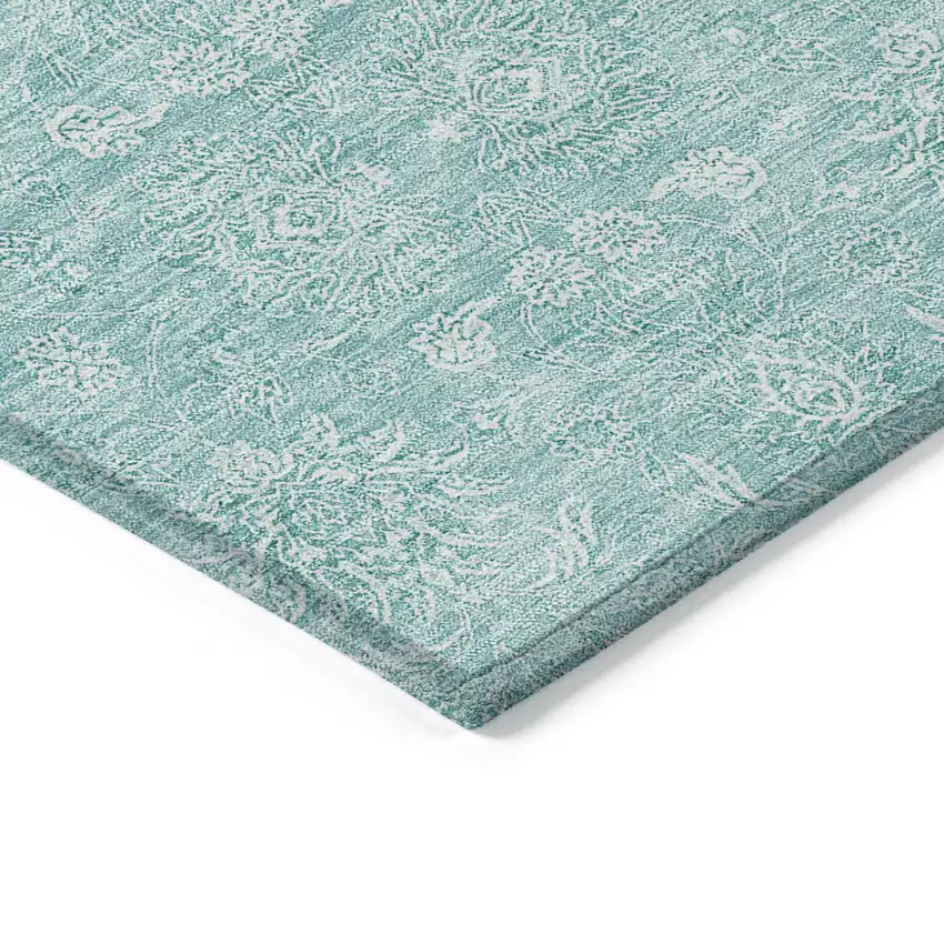 Aqua And Ivory Floral Washable Indoor Outdoor Area Rug Photo 2