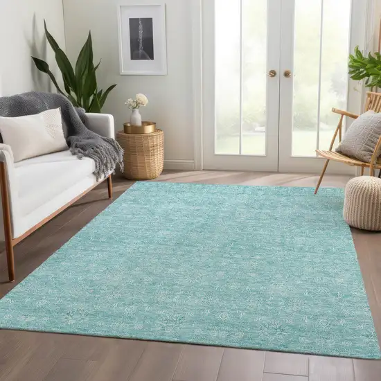 Aqua And Ivory Floral Washable Indoor Outdoor Area Rug Photo 6