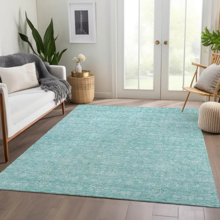 Aqua And Ivory Floral Washable Indoor Outdoor Area Rug Photo 6