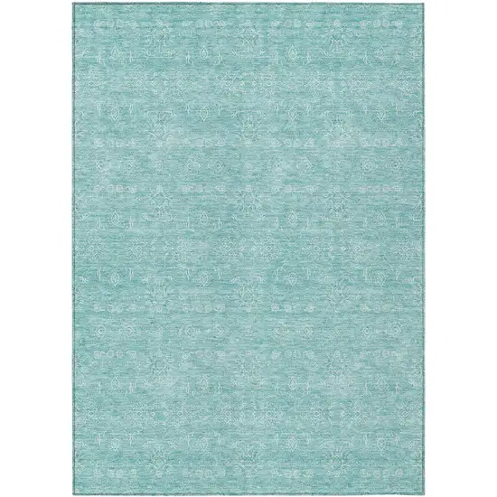 Aqua And Ivory Floral Washable Indoor Outdoor Area Rug Photo 1