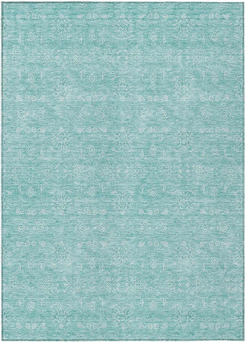 Aqua And Ivory Floral Washable Indoor Outdoor Area Rug Photo 1