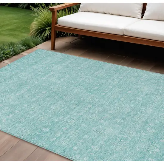 Aqua And Ivory Floral Washable Indoor Outdoor Area Rug Photo 1