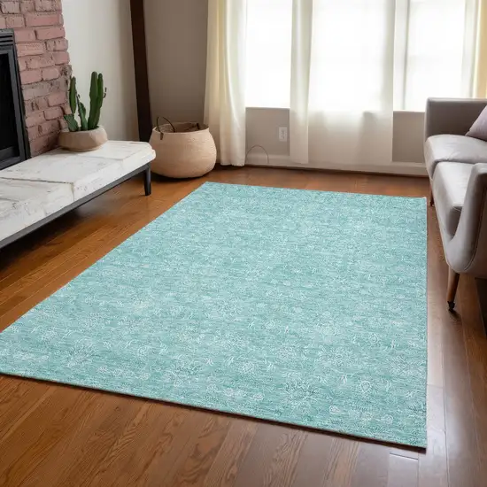 Aqua And Ivory Floral Washable Indoor Outdoor Area Rug Photo 7