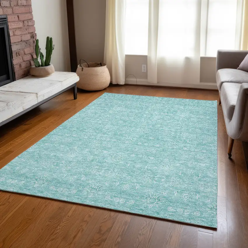 Aqua And Ivory Floral Washable Indoor Outdoor Area Rug Photo 7