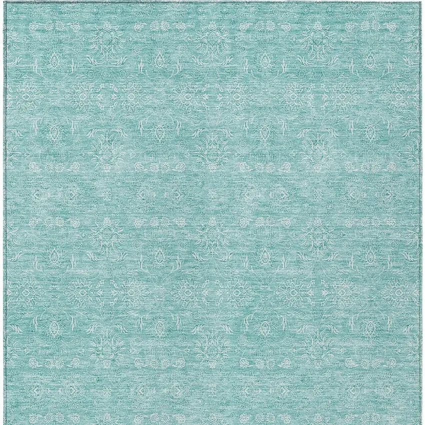 Aqua And Ivory Floral Washable Indoor Outdoor Area Rug Photo 4
