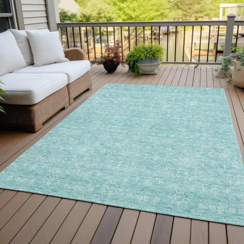 Aqua And Ivory Floral Washable Indoor Outdoor Area Rug Photo 7