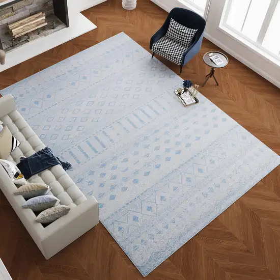 Aqua And Ivory Geometric Distressed Washable Area Rug Photo 7