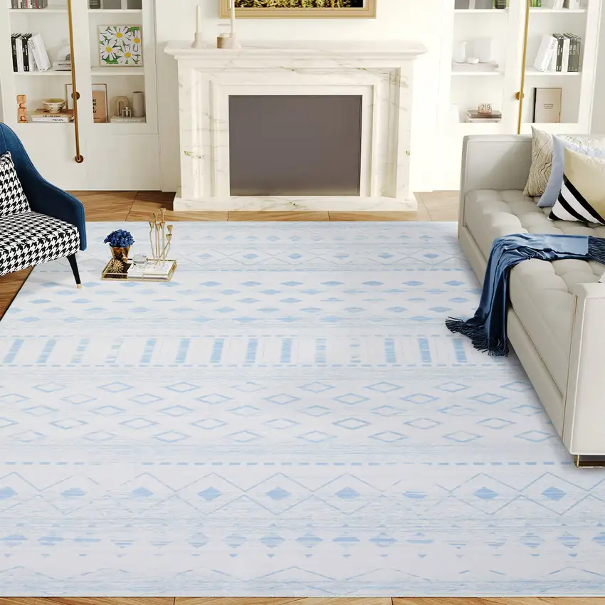 Aqua And Ivory Geometric Distressed Washable Area Rug Photo 4