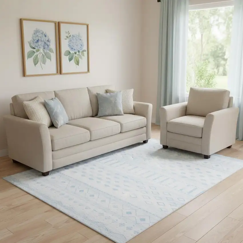 Aqua And Ivory Geometric Distressed Washable Area Rug Photo 1