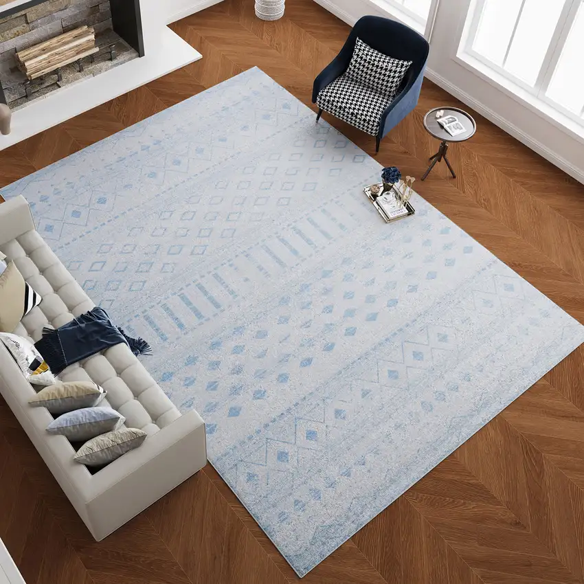 Aqua And Ivory Geometric Distressed Washable Area Rug Photo 4