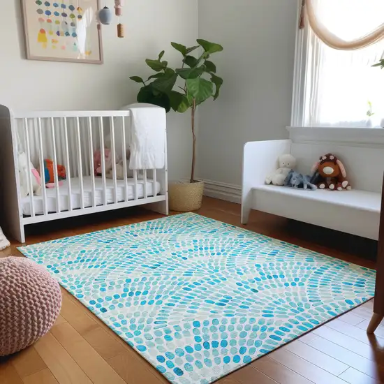 Aqua And Ivory Geometric Washable Area Rug With UV Protection Photo 5
