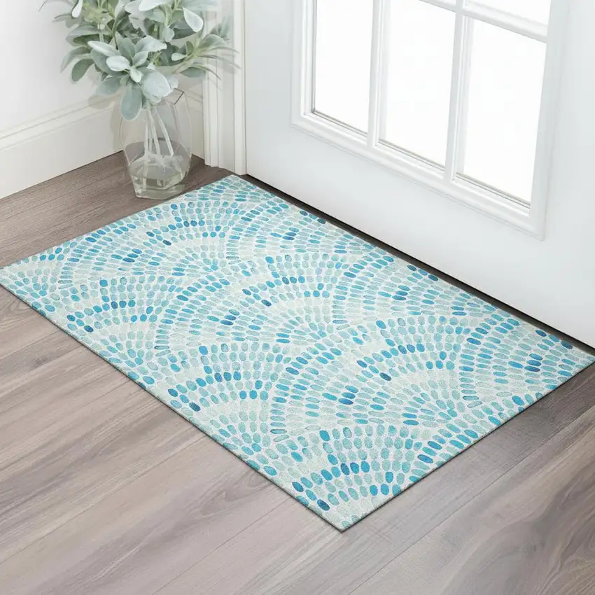 Aqua And Ivory Geometric Washable Area Rug With UV Protection Photo 2
