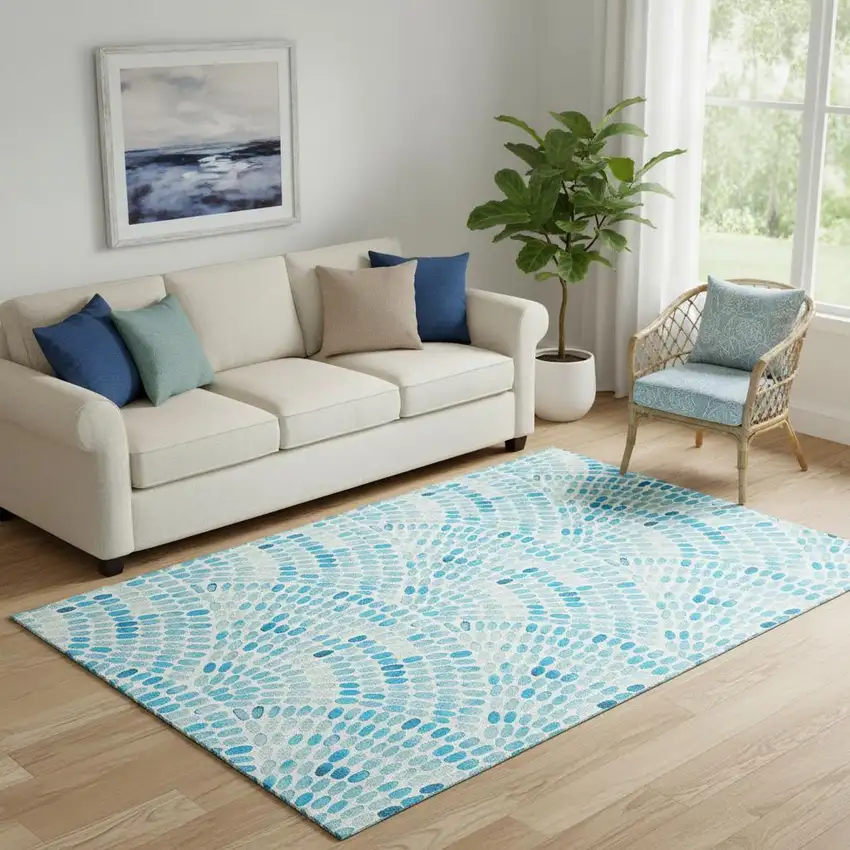 Aqua And Ivory Geometric Washable Area Rug With UV Protection Photo 1