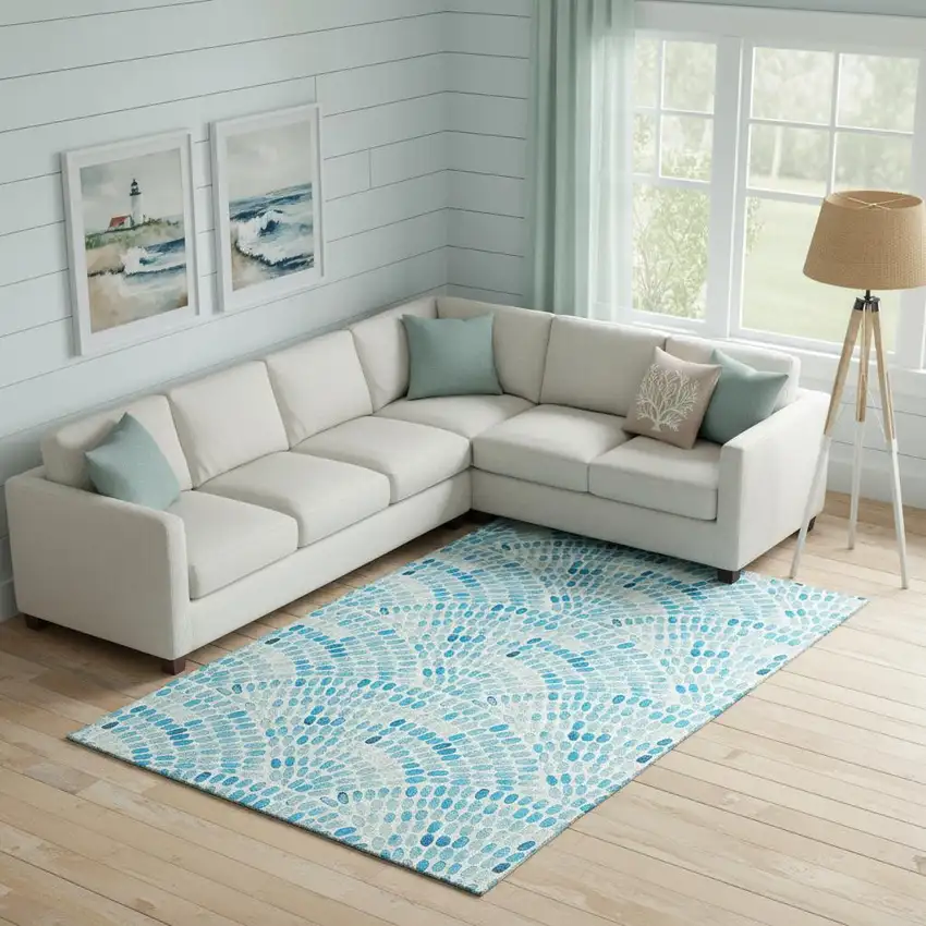 Aqua And Ivory Geometric Washable Area Rug With UV Protection Photo 1