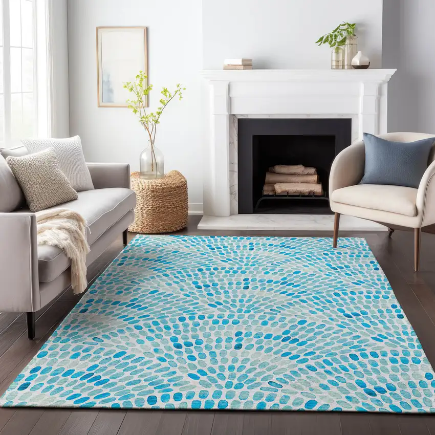 Aqua And Ivory Geometric Washable Area Rug With UV Protection Photo 6