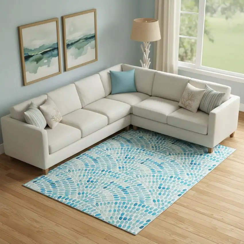 Aqua And Ivory Geometric Washable Area Rug With UV Protection Photo 1