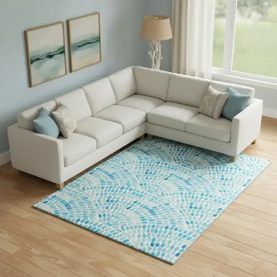 Aqua And Ivory Geometric Washable Area Rug With UV Protection Photo 1