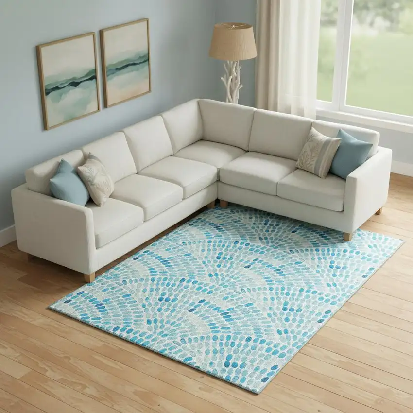 Aqua And Ivory Geometric Washable Area Rug With UV Protection Photo 1