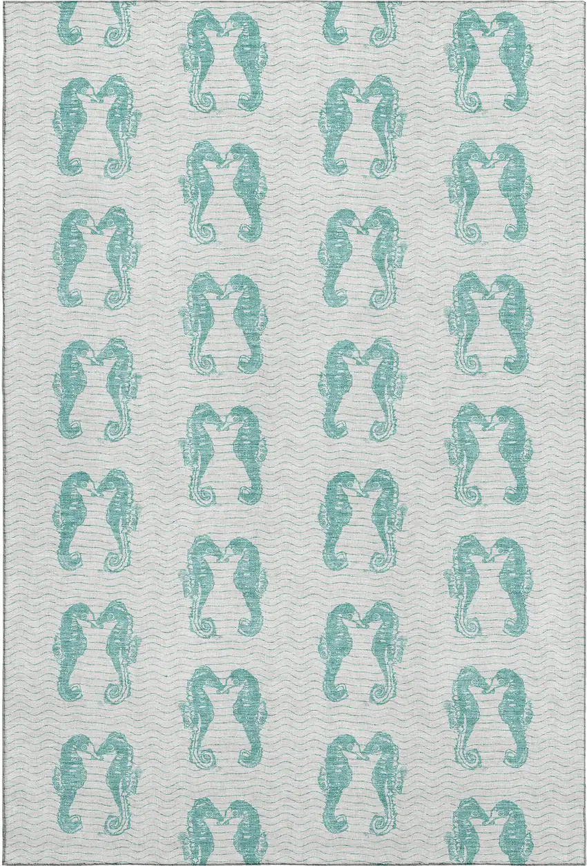 Aqua And Ivory Geometric Washable Area Rug With UV Protection Photo 1