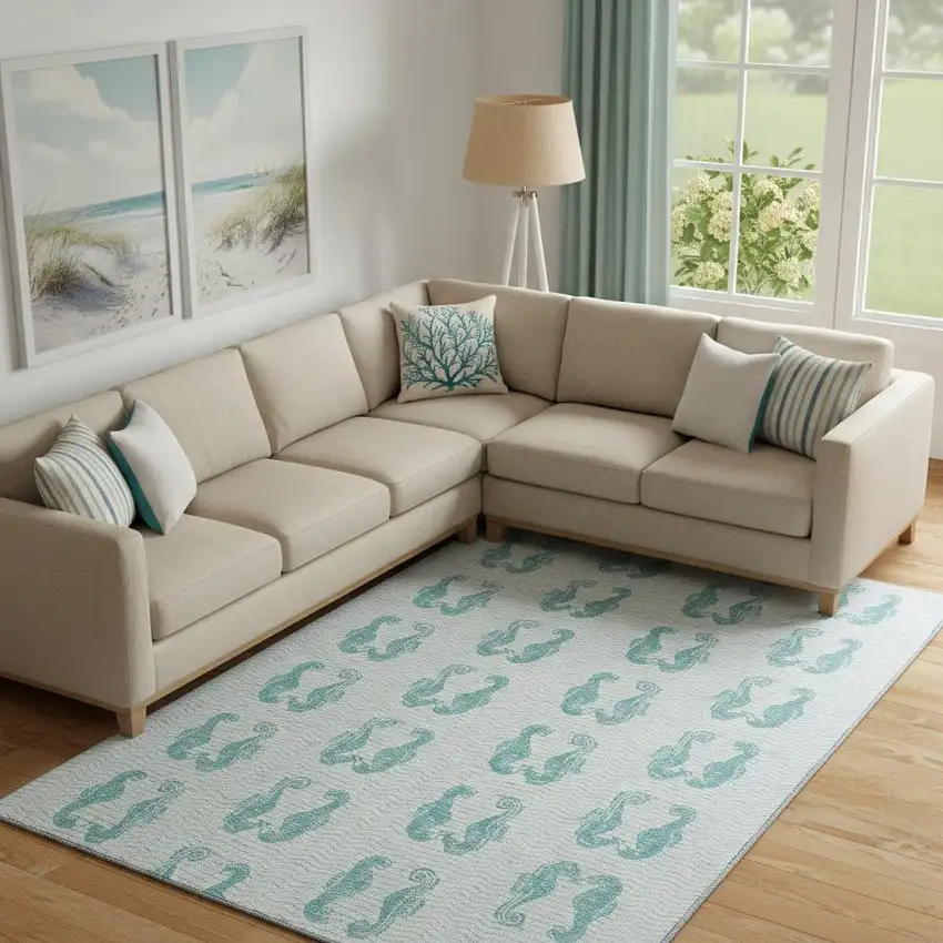 Aqua And Ivory Geometric Washable Area Rug With UV Protection Photo 1