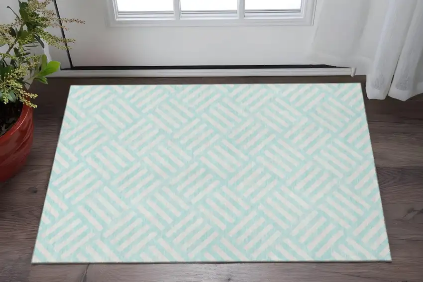 Aqua And Ivory Geometric Washable Area Rug With UV Protection Photo 2