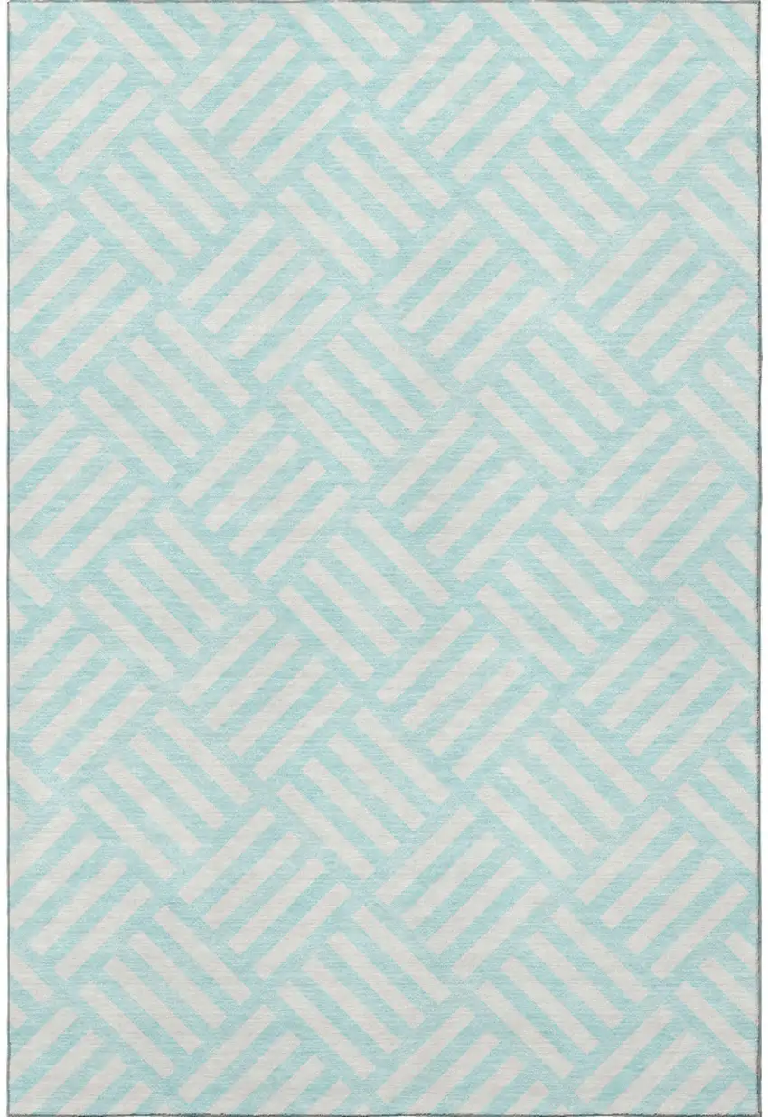 Aqua And Ivory Geometric Washable Area Rug With UV Protection Photo 4