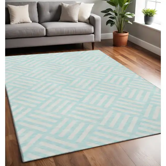Aqua And Ivory Geometric Washable Area Rug With UV Protection Photo 2