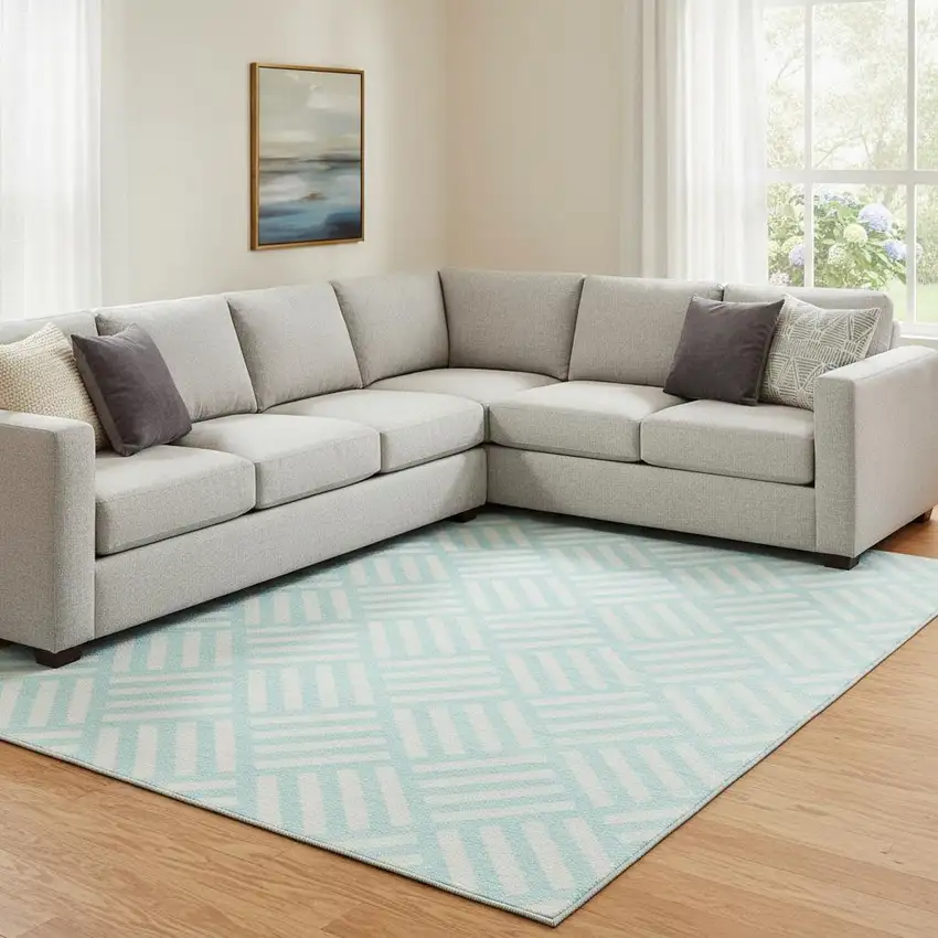 Aqua And Ivory Geometric Washable Area Rug With UV Protection Photo 1