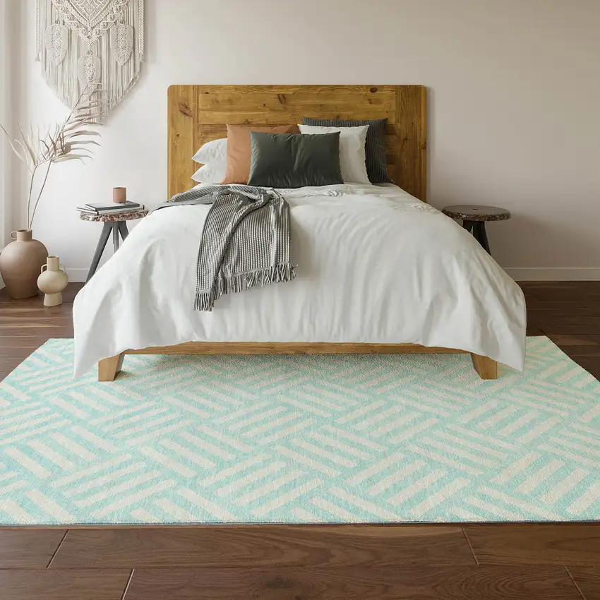 Aqua And Ivory Geometric Washable Area Rug With UV Protection Photo 6