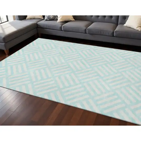 Aqua And Ivory Geometric Washable Area Rug With UV Protection Photo 2